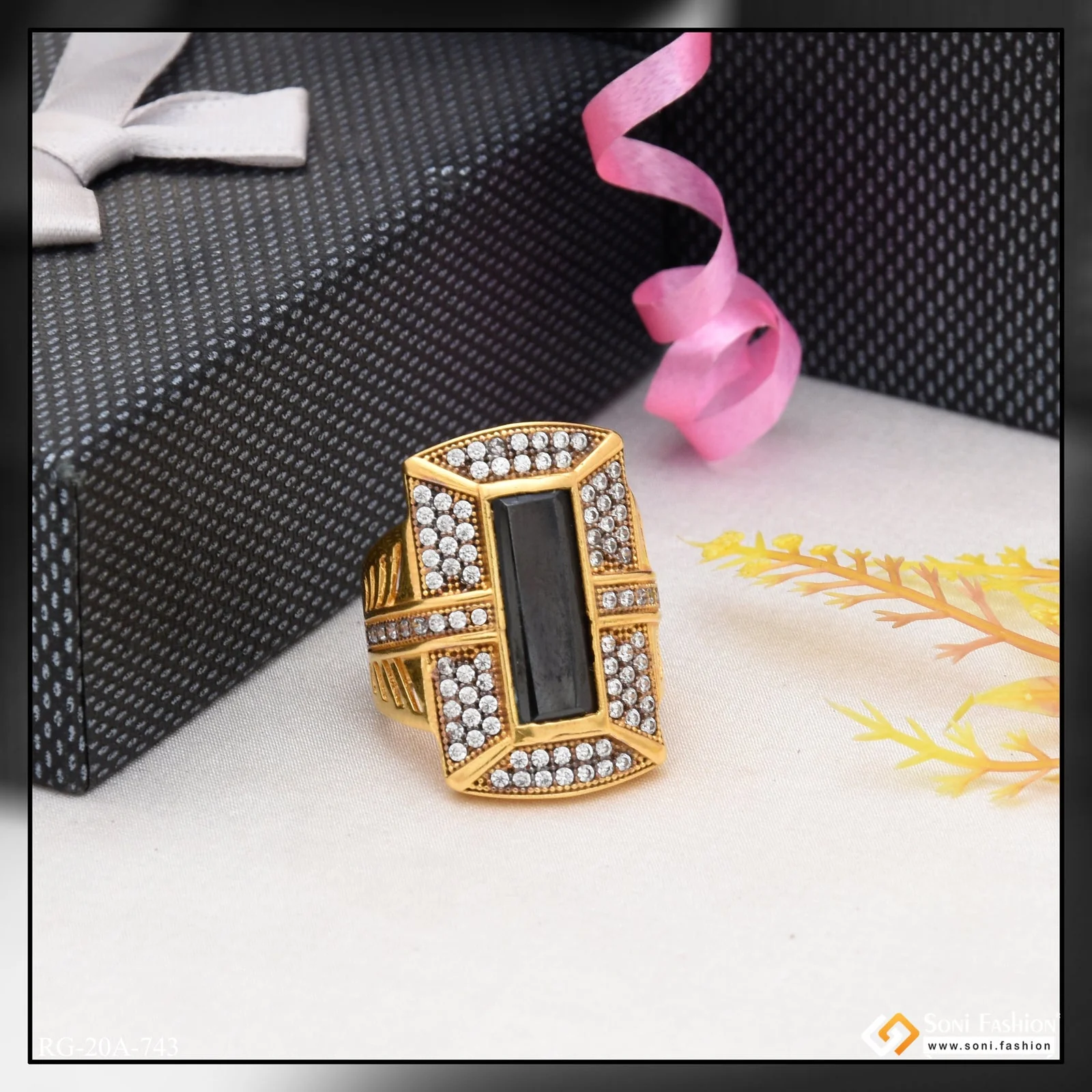 1 Gram Gold Plated Black Stone With Diamond Fashionable Design Ring - Style A743 - Image 6