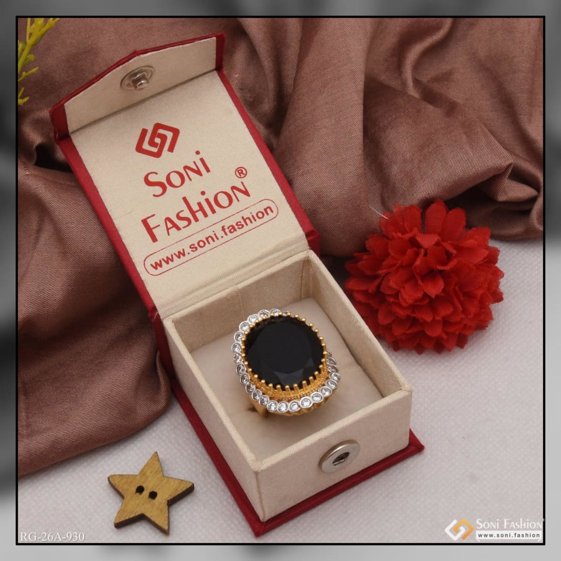 1 Gram Gold Plated Black Stone With Diamond Fashionable Design Ring - Style A930 - Image 4