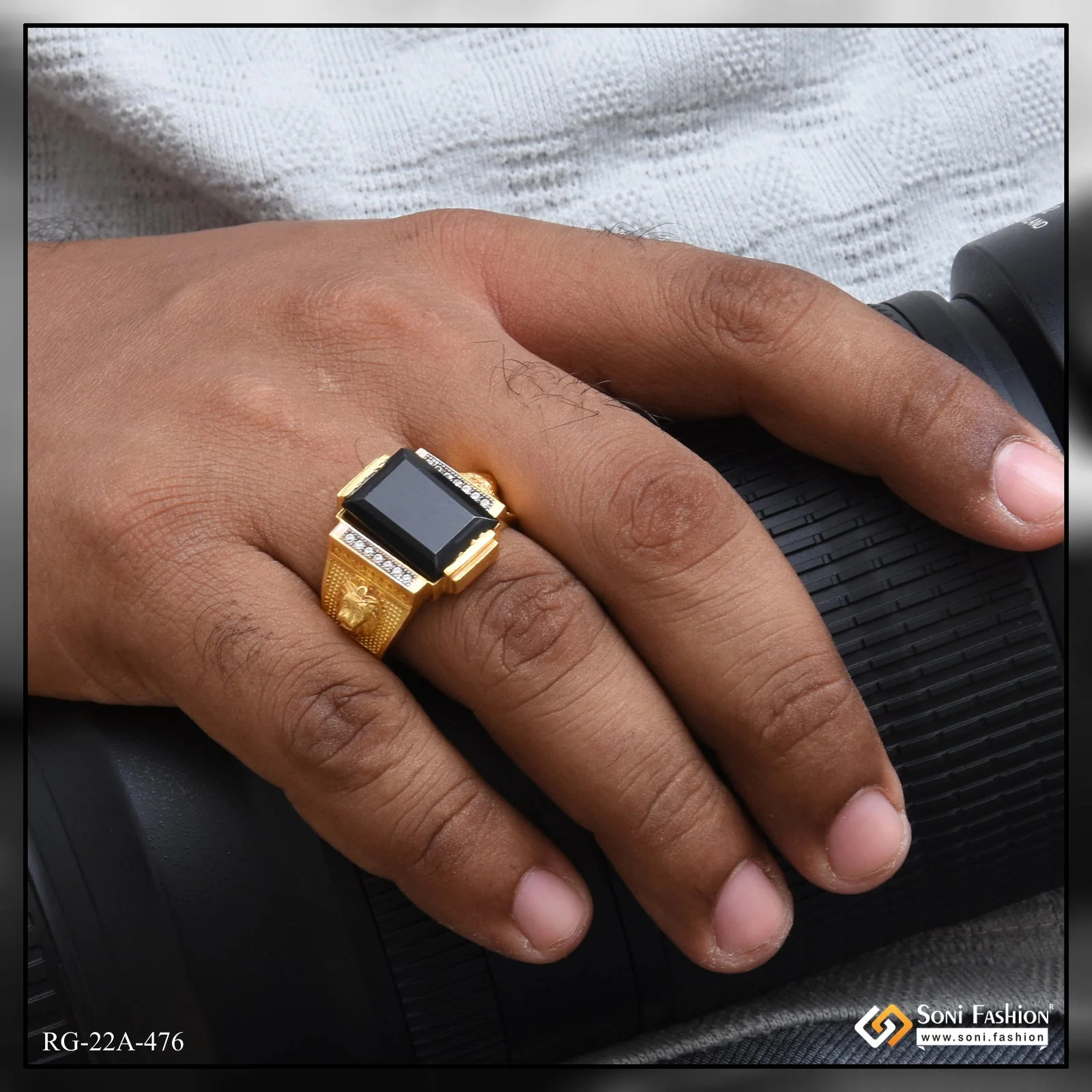 1 Gram Gold Plated Black Stone With Diamond Funky Design Ring For Men - Style A476