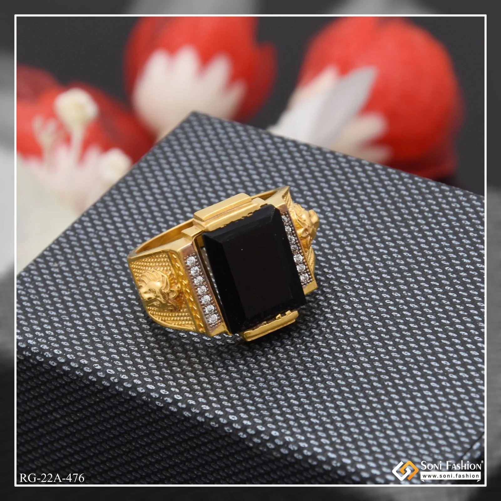1 Gram Gold Plated Black Stone With Diamond Funky Design Ring For Men - Style A476 - Image 2