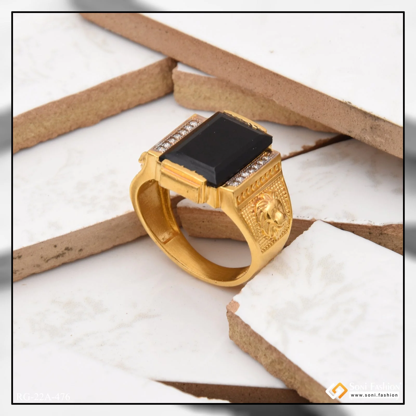 1 Gram Gold Plated Black Stone With Diamond Funky Design Ring For Men - Style A476 - Image 5