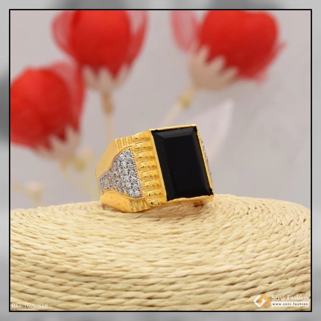 1 Gram Gold Plated Black Stone With Diamond Funky Design Ring For Men - Style A818 - Image 7
