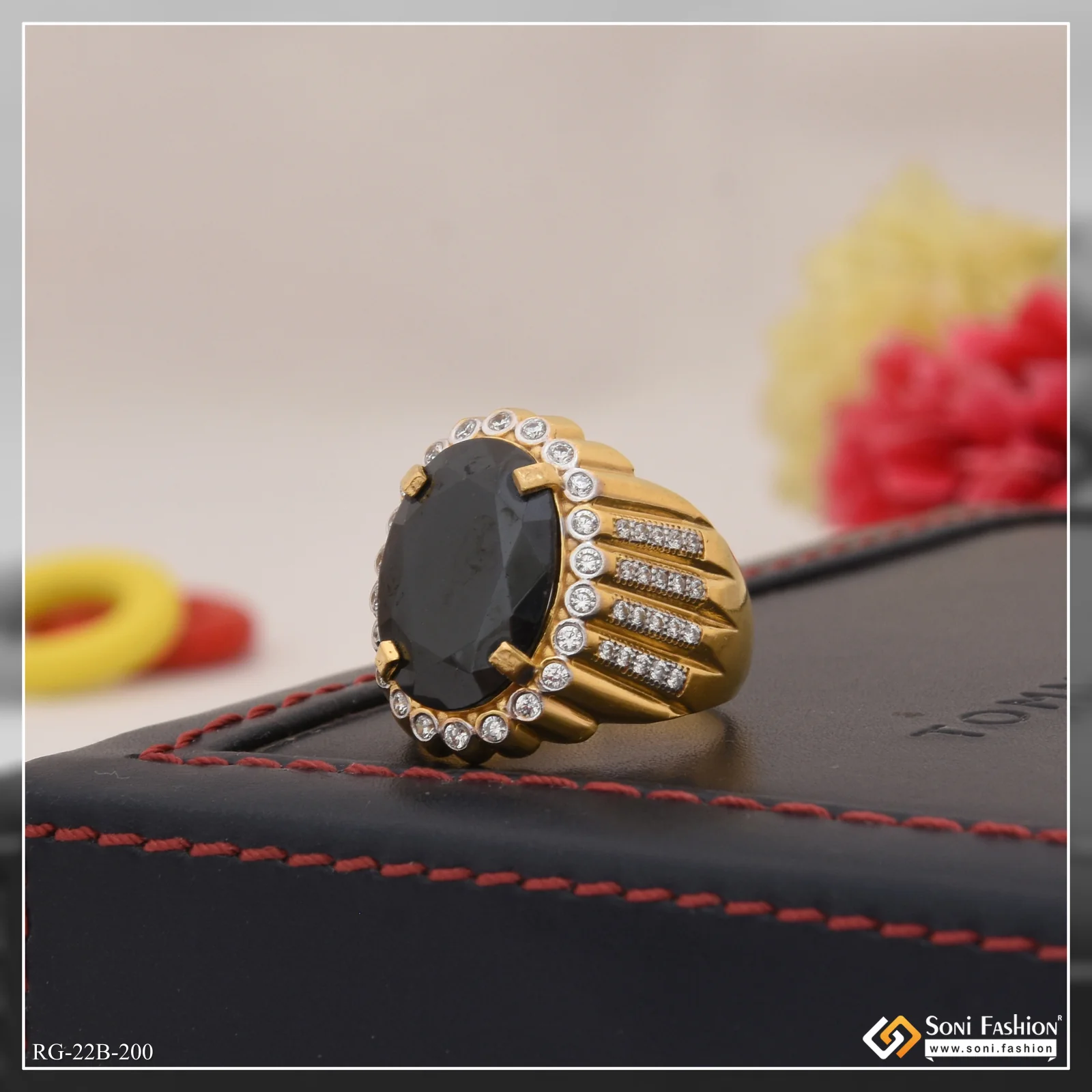 1 Gram Gold Plated Black Stone With Diamond Funky Design Ring For Men - Style B200 - Image 3