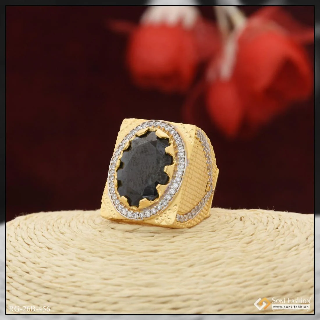 1 Gram Gold Plated Black Stone with Diamond Funky Design Ring for Men - Style B456 - Image 2