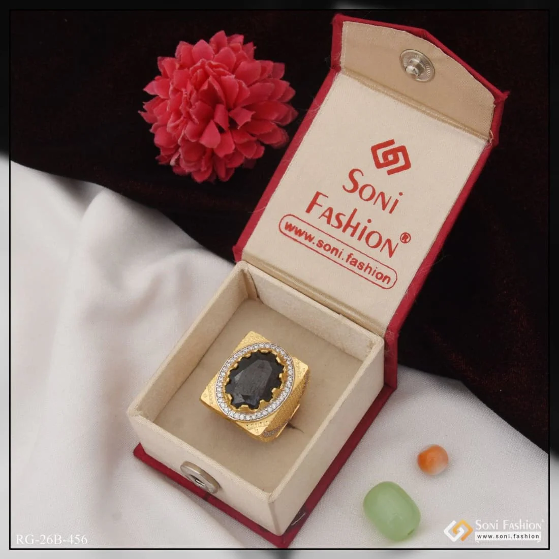 1 Gram Gold Plated Black Stone with Diamond Funky Design Ring for Men - Style B456 - Image 3