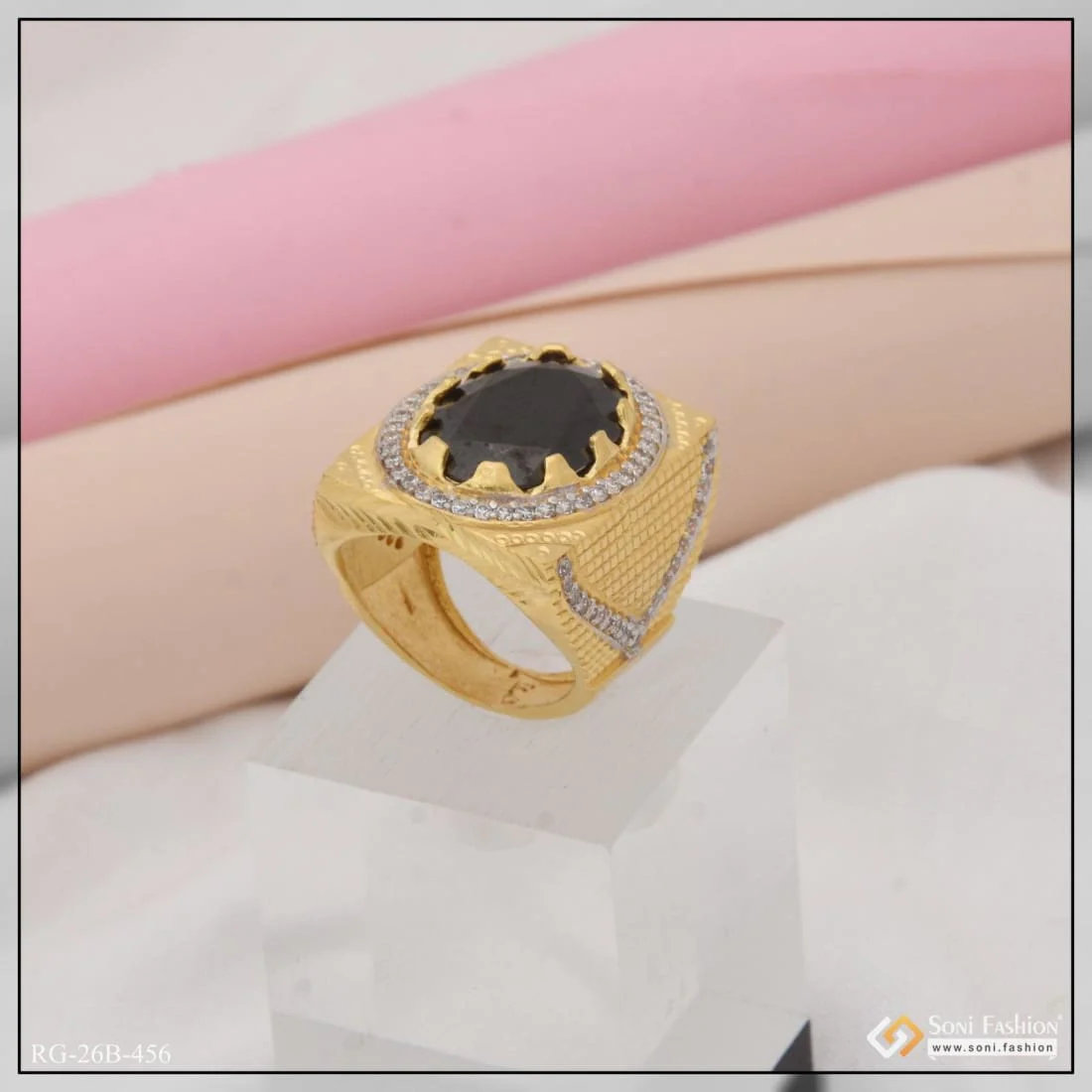 1 Gram Gold Plated Black Stone with Diamond Funky Design Ring for Men - Style B456 - Image 4