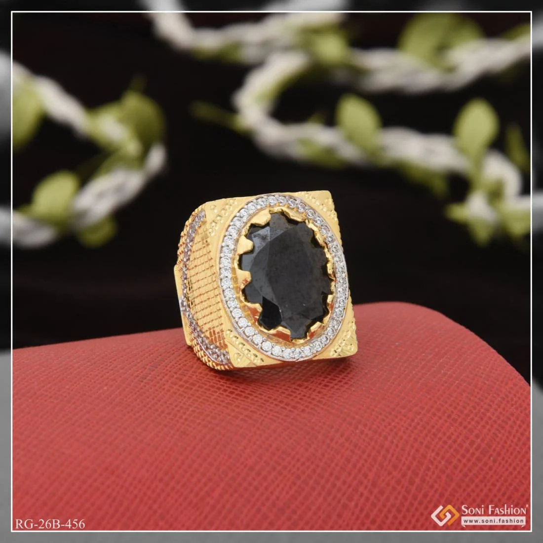 1 Gram Gold Plated Black Stone with Diamond Funky Design Ring for Men - Style B456 - Image 5