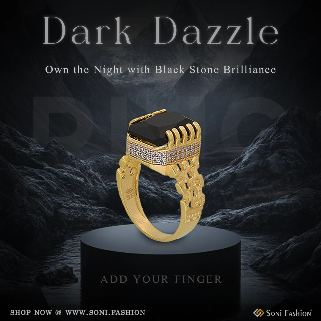 1 Gram Gold Plated Black Stone With Diamond Funky Design Ring For Men - Style B487