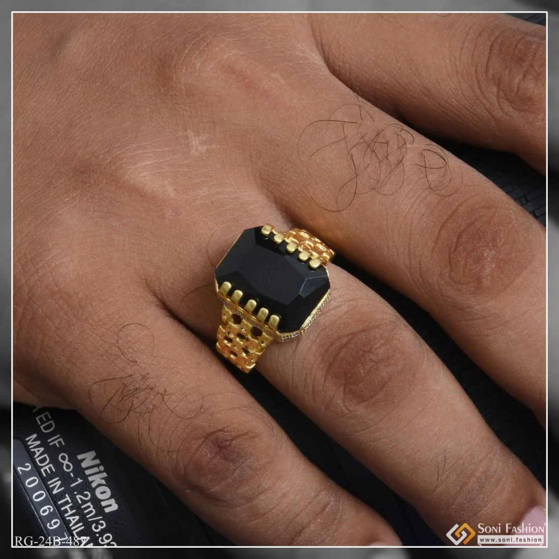 1 Gram Gold Plated Black Stone With Diamond Funky Design Ring For Men - Style B487 - Image 2