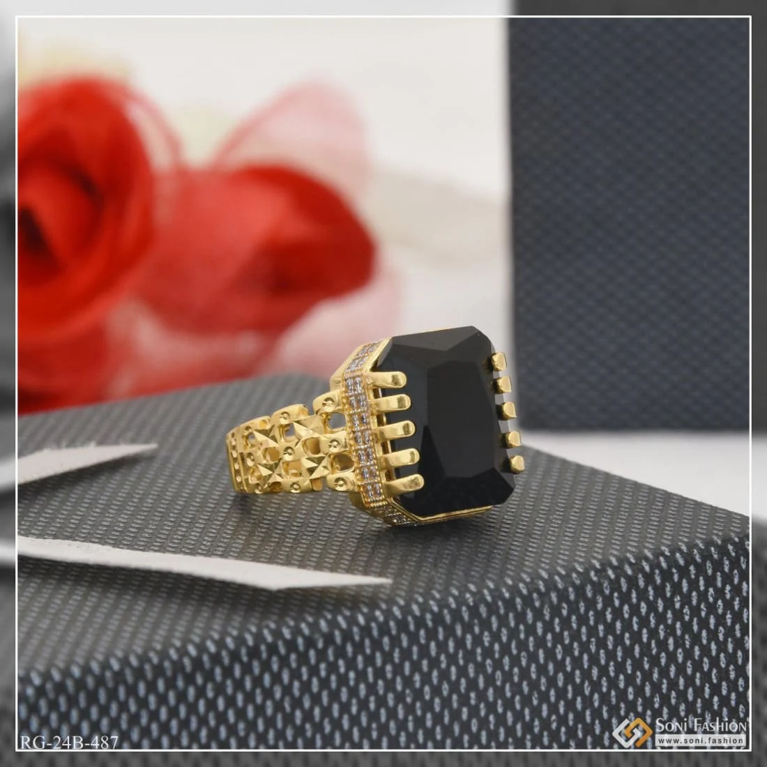 1 Gram Gold Plated Black Stone With Diamond Funky Design Ring For Men - Style B487 - Image 3