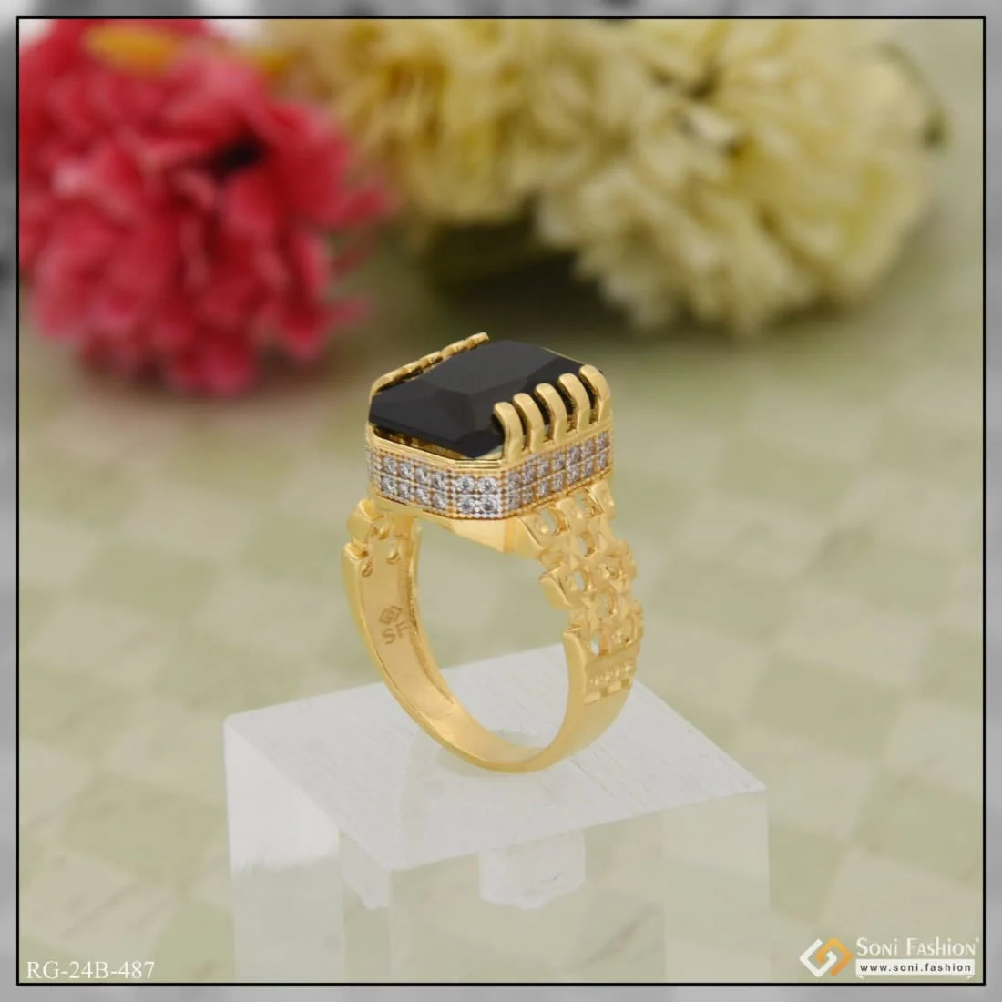 1 Gram Gold Plated Black Stone With Diamond Funky Design Ring For Men - Style B487 - Image 4