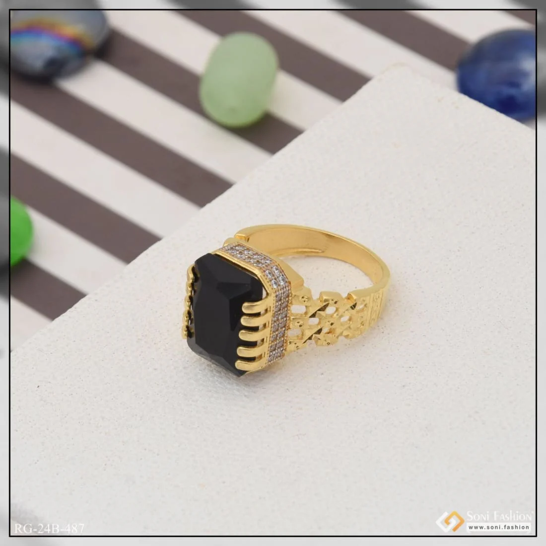 1 Gram Gold Plated Black Stone With Diamond Funky Design Ring For Men - Style B487 - Image 5