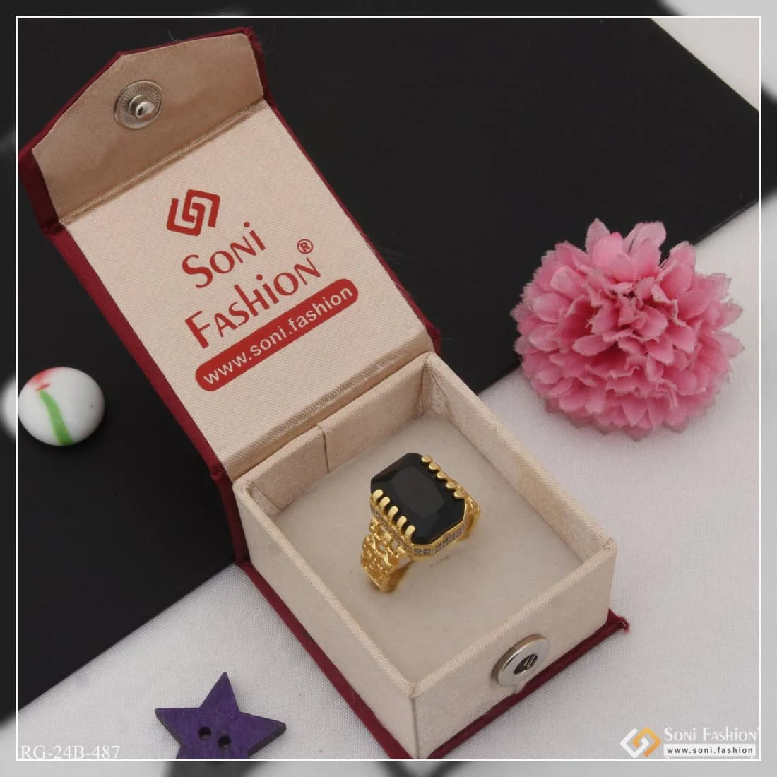 1 Gram Gold Plated Black Stone With Diamond Funky Design Ring For Men - Style B487 - Image 6