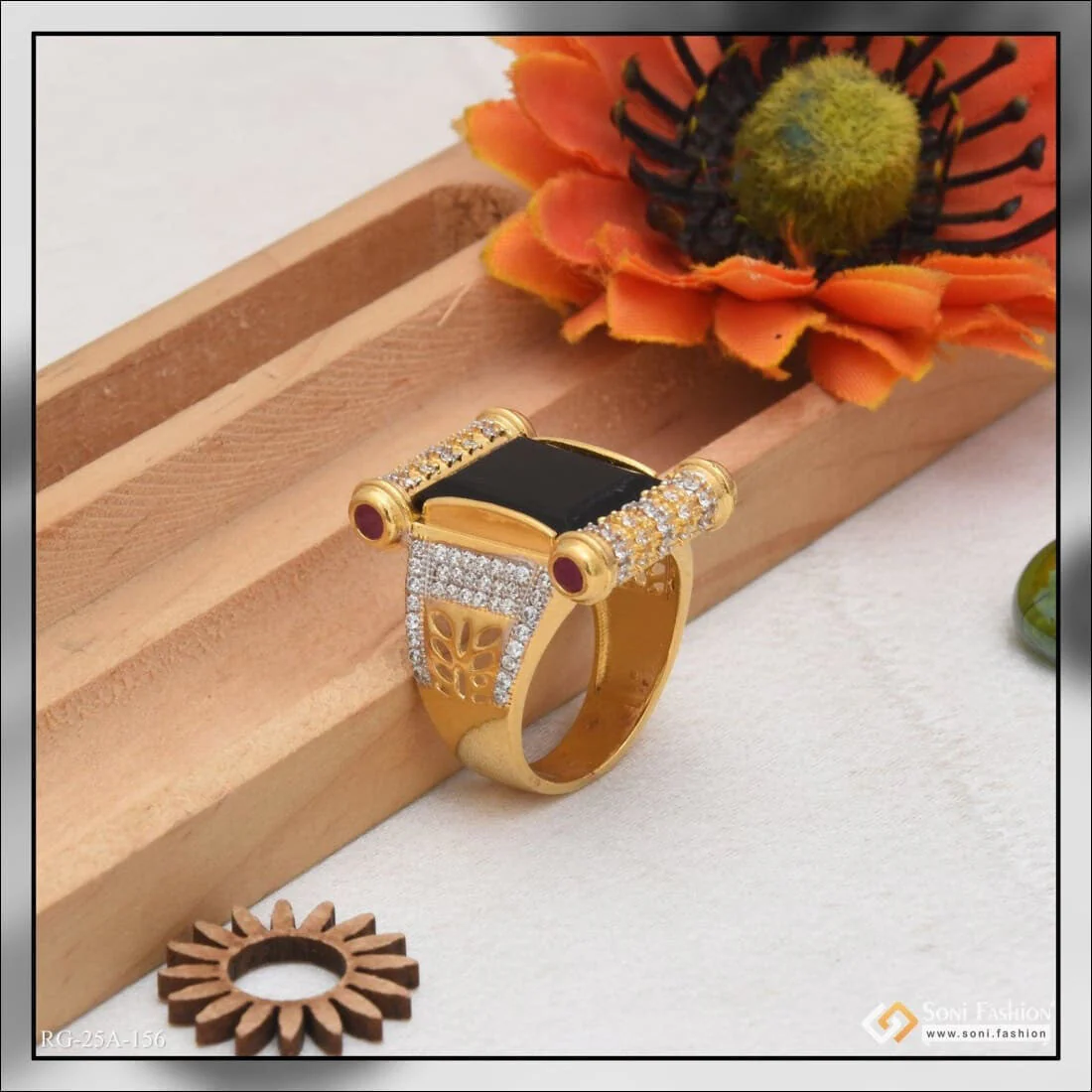 1 Gram Gold Plated Black Stone with Diamond Gold Plated Ring for Men - Style A156 - Image 4