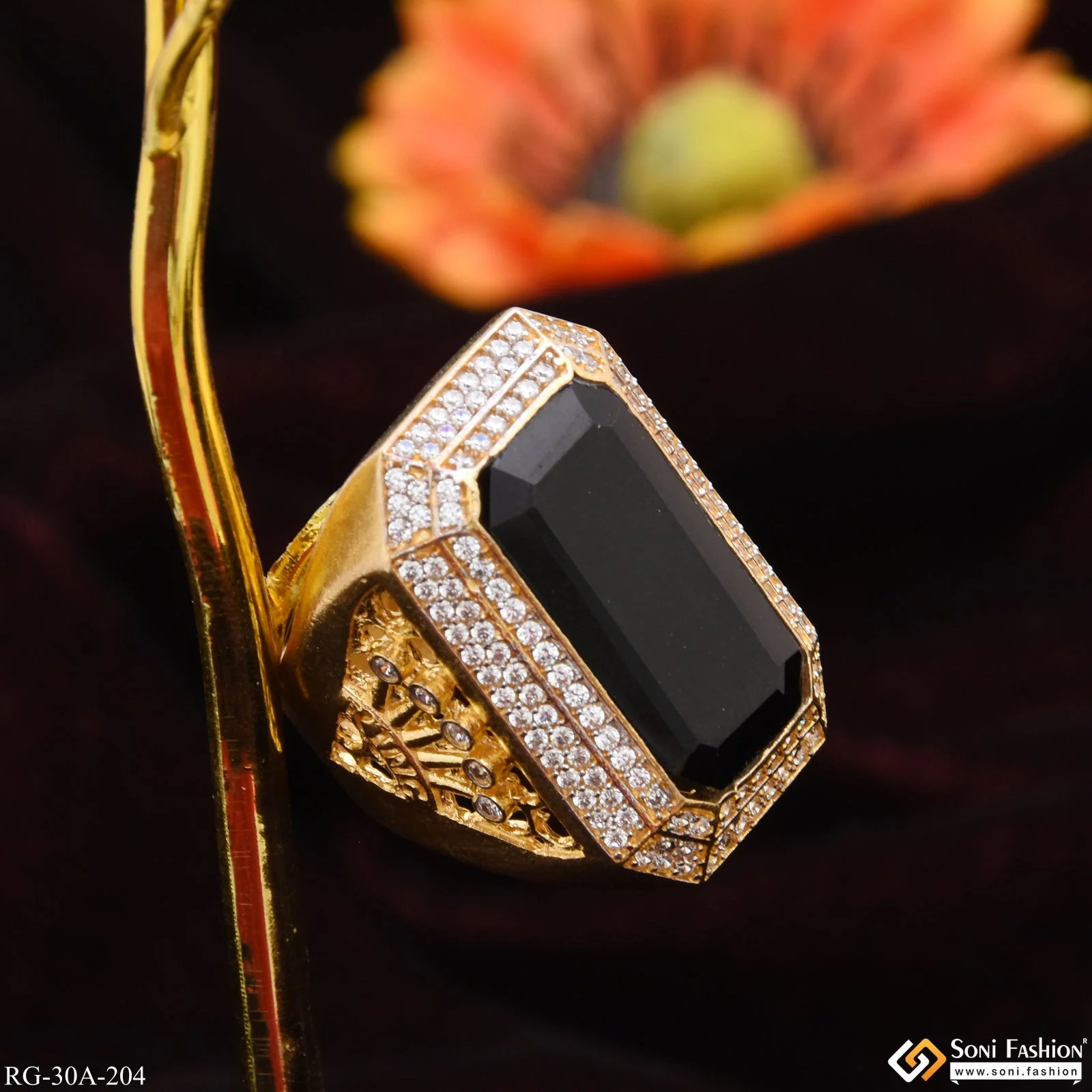 1 Gram Gold Plated Black Stone with Diamond Gold Plated Ring for Men - Style A204 - Image 3