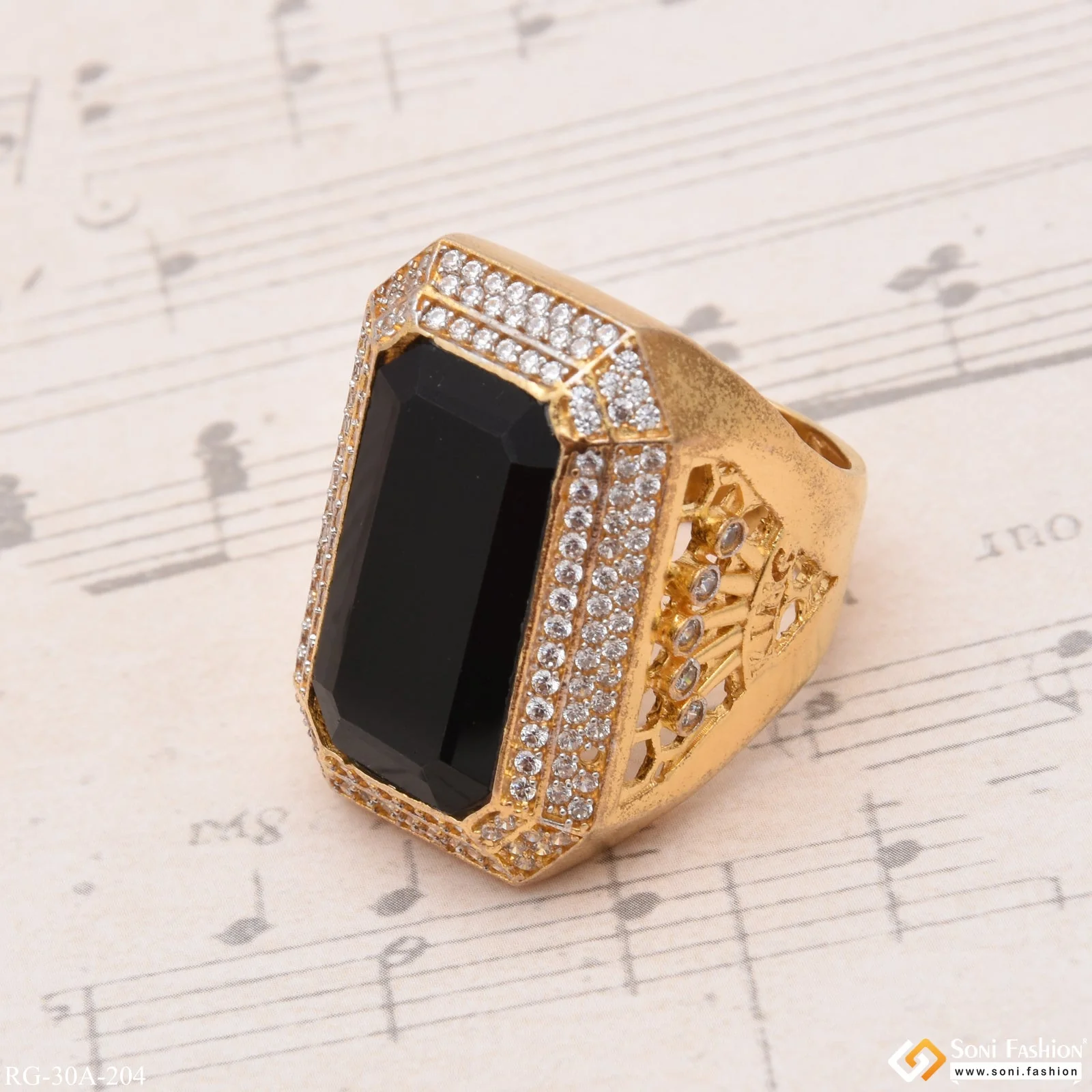 1 Gram Gold Plated Black Stone with Diamond Gold Plated Ring for Men - Style A204 - Image 5