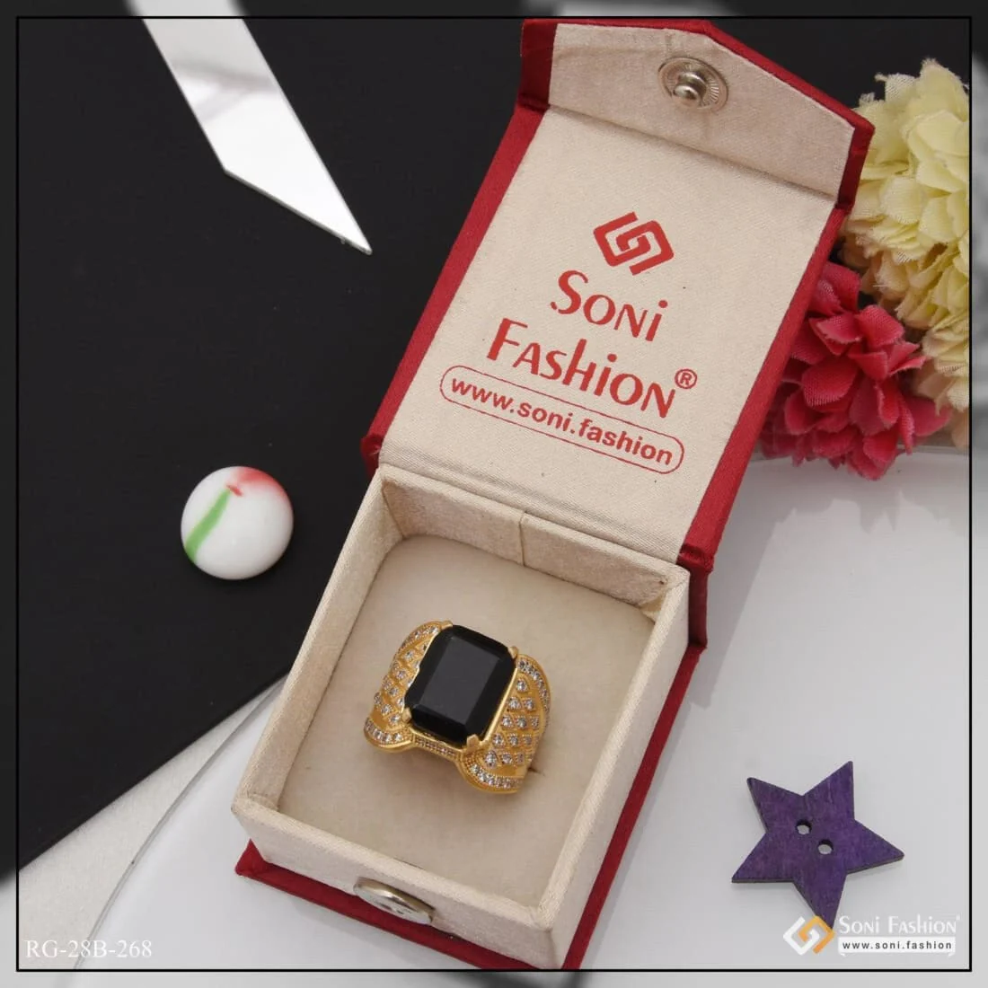 1 Gram Gold Plated Black Stone with Diamond Gold Plated Ring for Men - Style B268 - Image 4