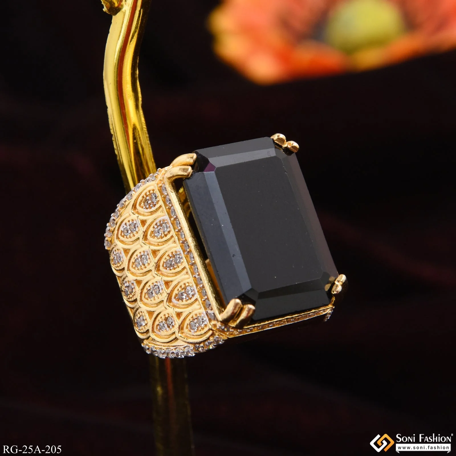 1 Gram Gold Plated Black Stone with Diamond Gold Plated Ring - Style A205 - Image 5