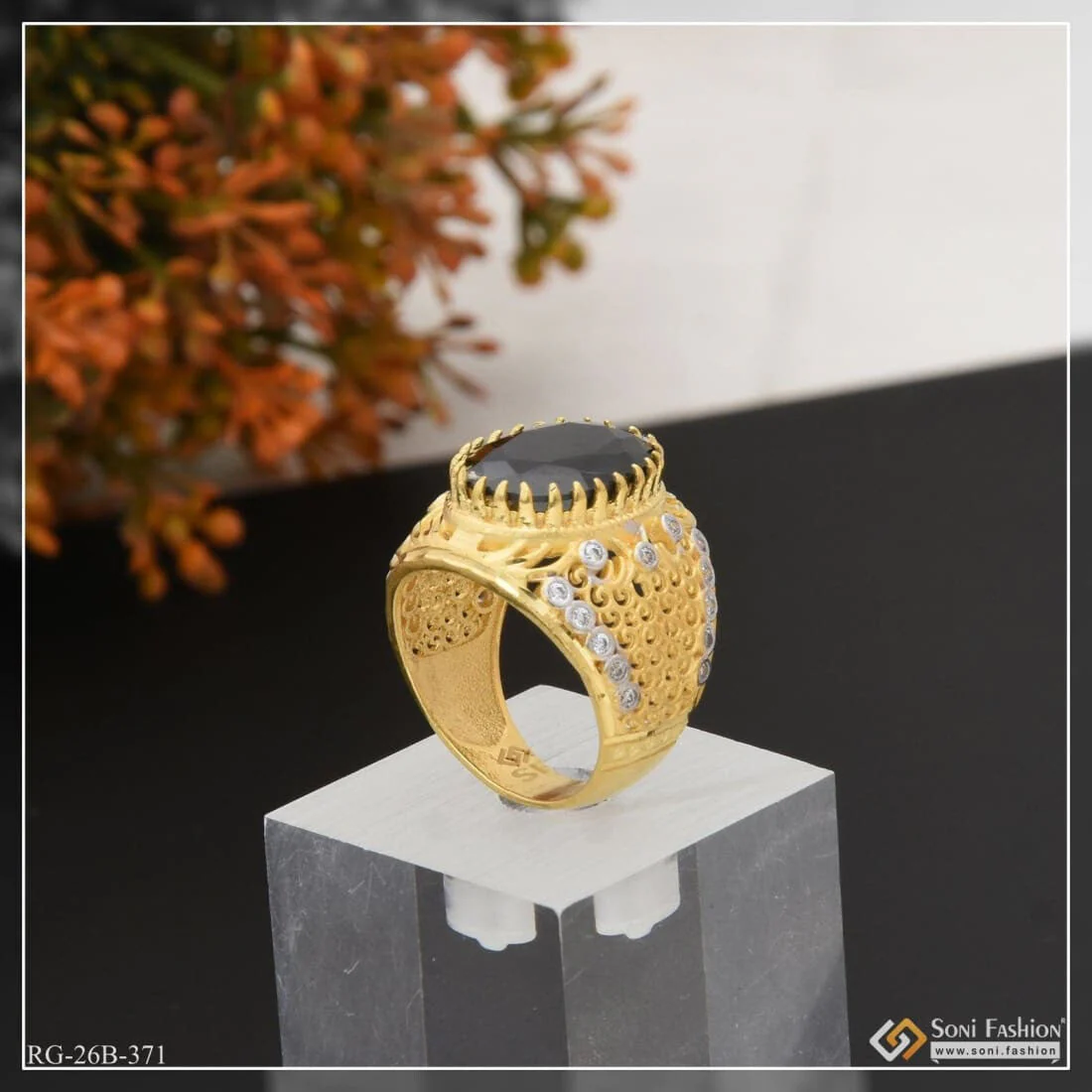 1 Gram Gold Plated Black Stone With Diamond Hand-crafted Ring For Men - Style B371 - Image 2