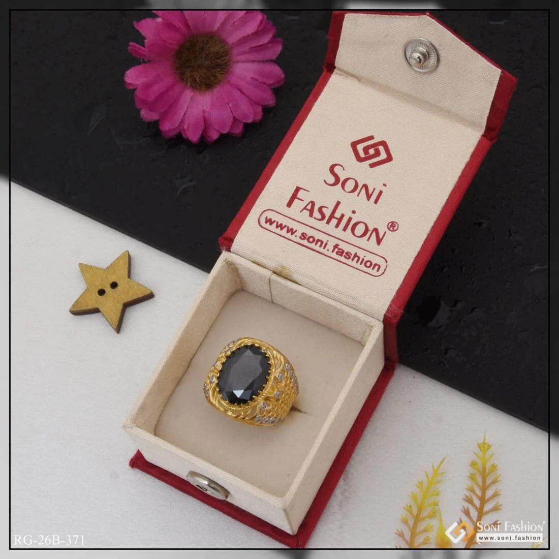 1 Gram Gold Plated Black Stone With Diamond Hand-crafted Ring For Men - Style B371 - Image 3