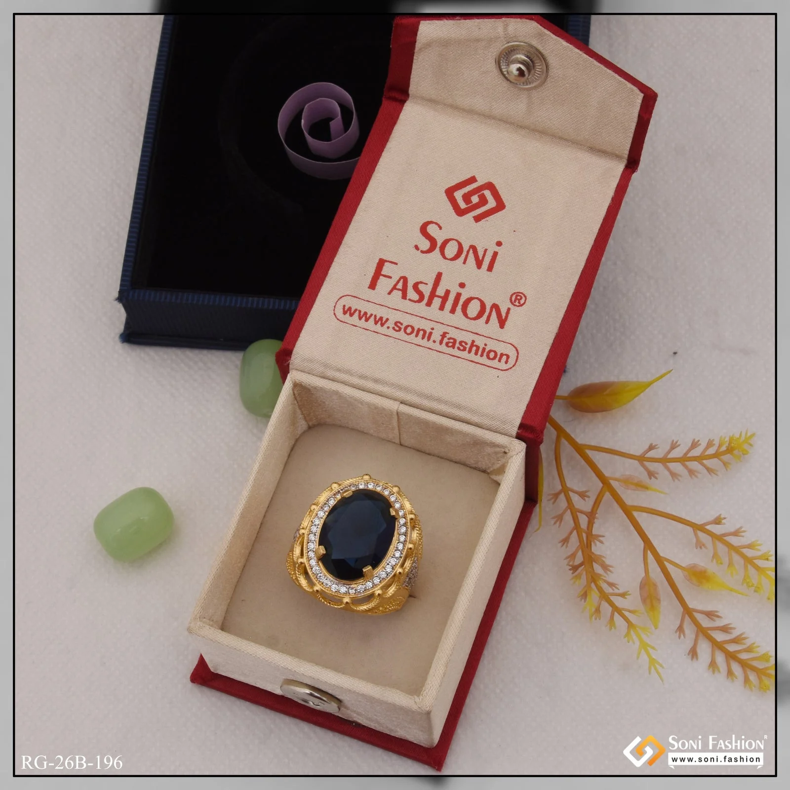 1 Gram Gold Plated Blue Stone with Diamond Antique Design Ring for Men - Style B196 - Image 2