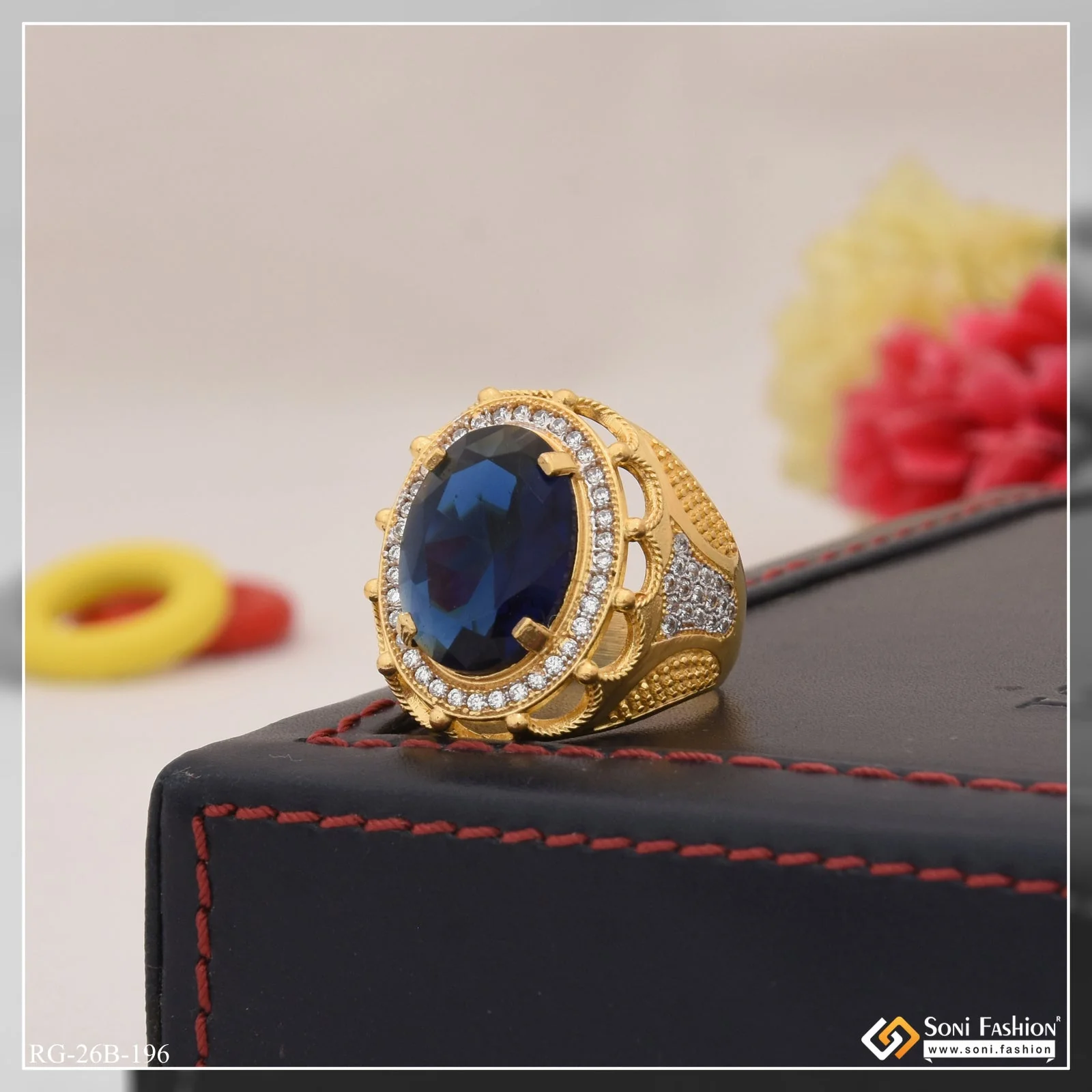 1 Gram Gold Plated Blue Stone with Diamond Antique Design Ring for Men - Style B196 - Image 3