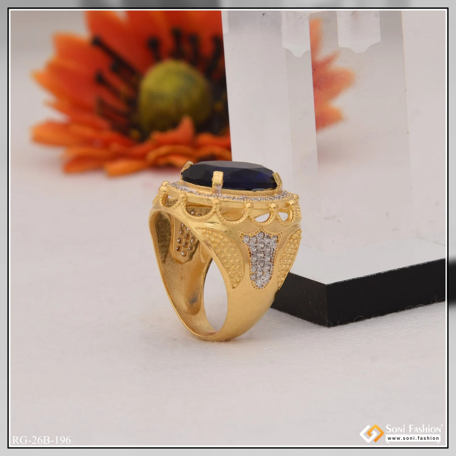 1 Gram Gold Plated Blue Stone with Diamond Antique Design Ring for Men - Style B196 - Image 4
