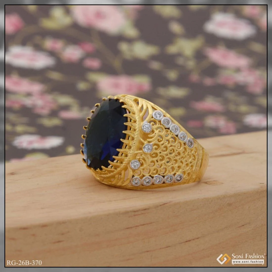 1 Gram Gold Plated Blue Stone With Diamond Antique Design Ring For Men - Style B370 - Image 3