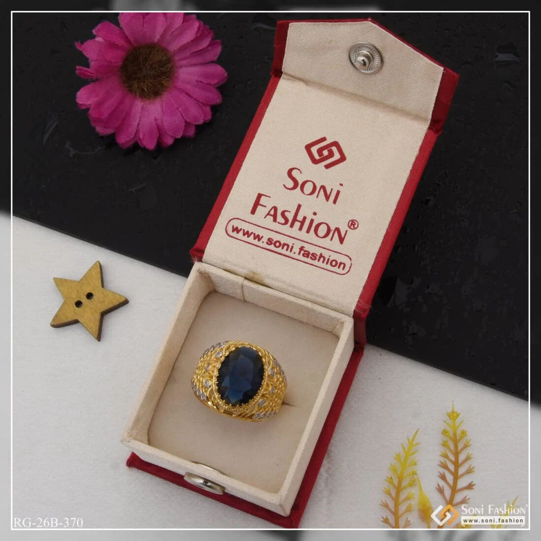 1 Gram Gold Plated Blue Stone With Diamond Antique Design Ring For Men - Style B370 - Image 5