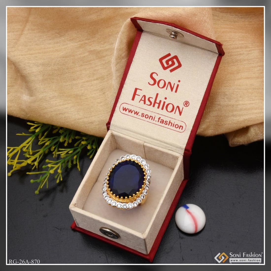 1 Gram Gold Plated Blue Stone with Diamond Artisanal Design Ring - Style A870 - Image 3