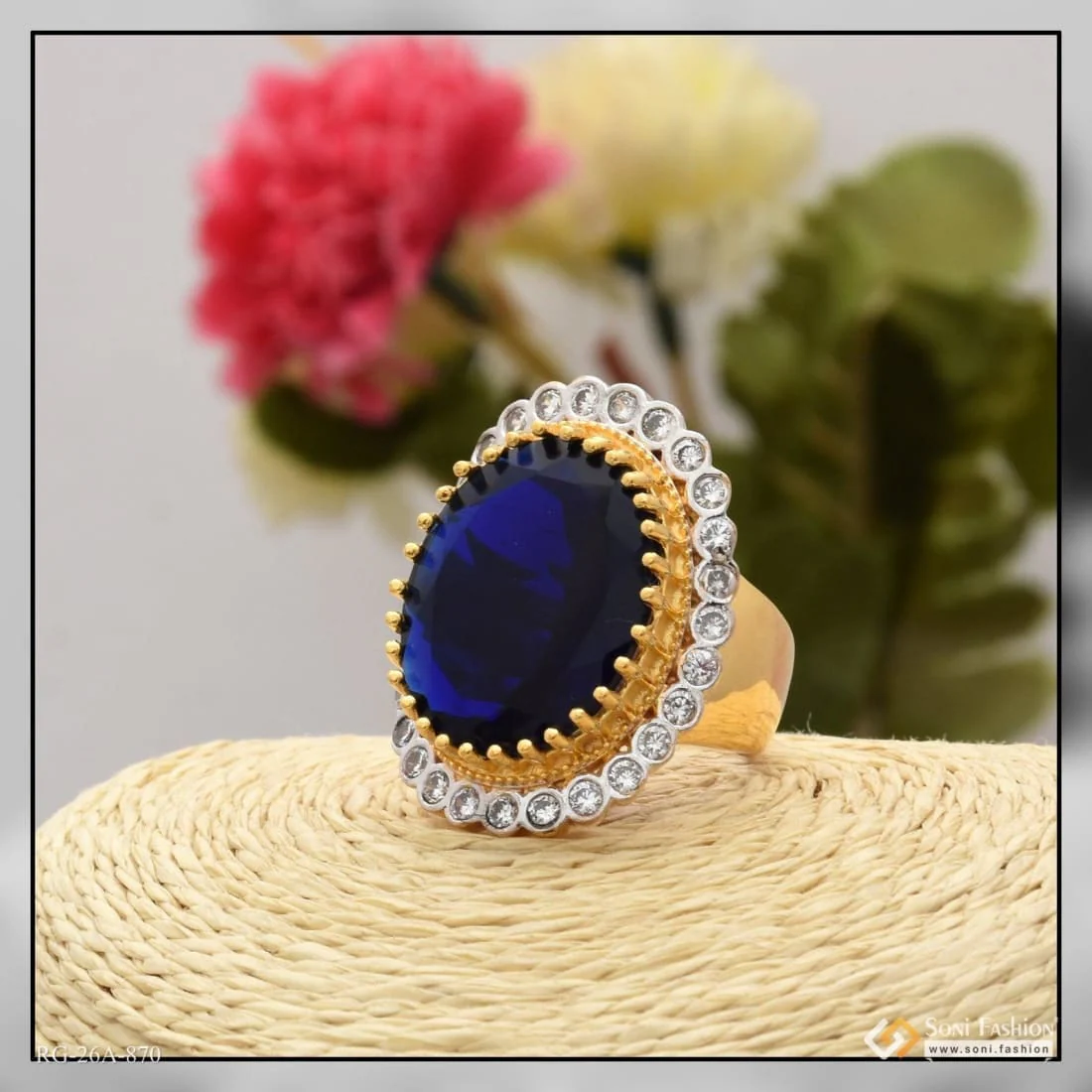 1 Gram Gold Plated Blue Stone with Diamond Artisanal Design Ring - Style A870 - Image 4