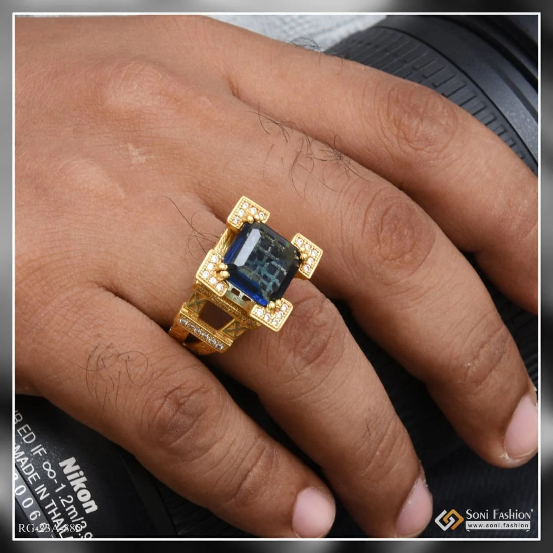 1 Gram Gold Plated Blue Stone with Diamond Artisanal Design Ring - Style A885