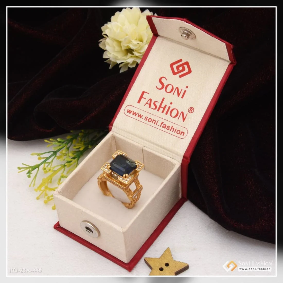 1 Gram Gold Plated Blue Stone with Diamond Artisanal Design Ring - Style A885 - Image 2