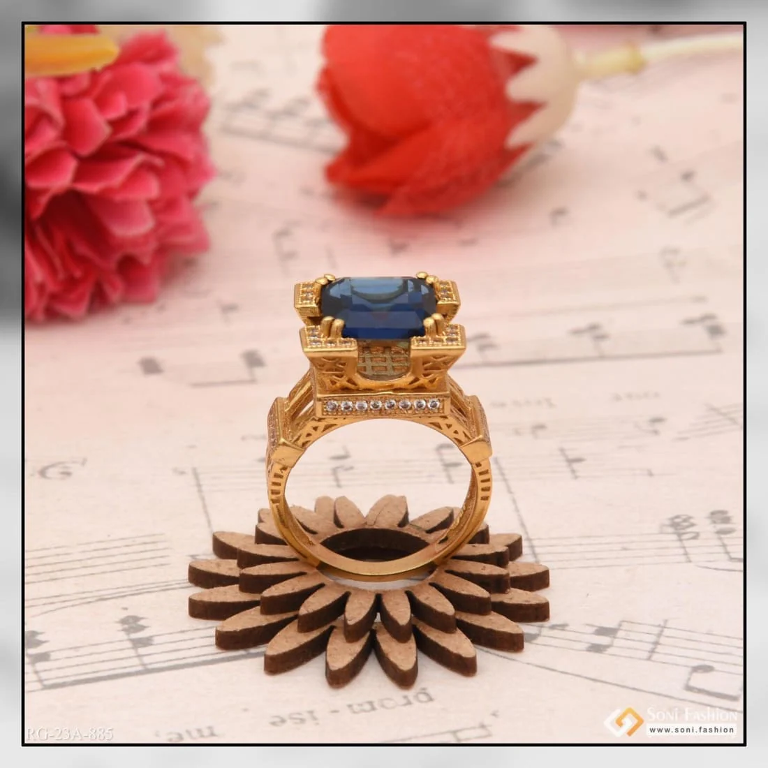 1 Gram Gold Plated Blue Stone with Diamond Artisanal Design Ring - Style A885 - Image 5