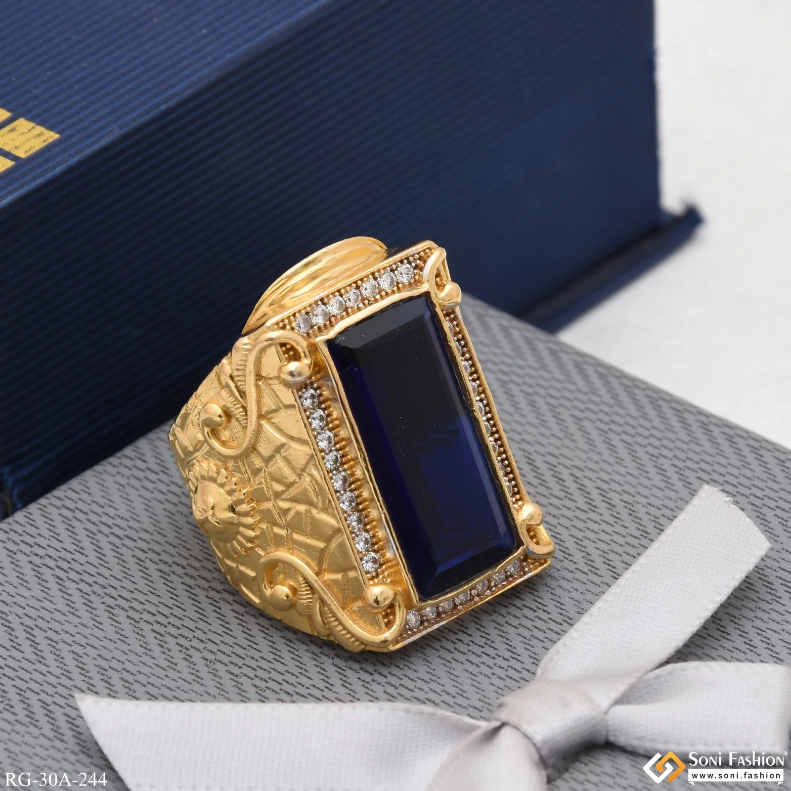 1 Gram Gold Plated Blue Stone With Diamond Best Quality Ring For Men - Style A244 - Image 2