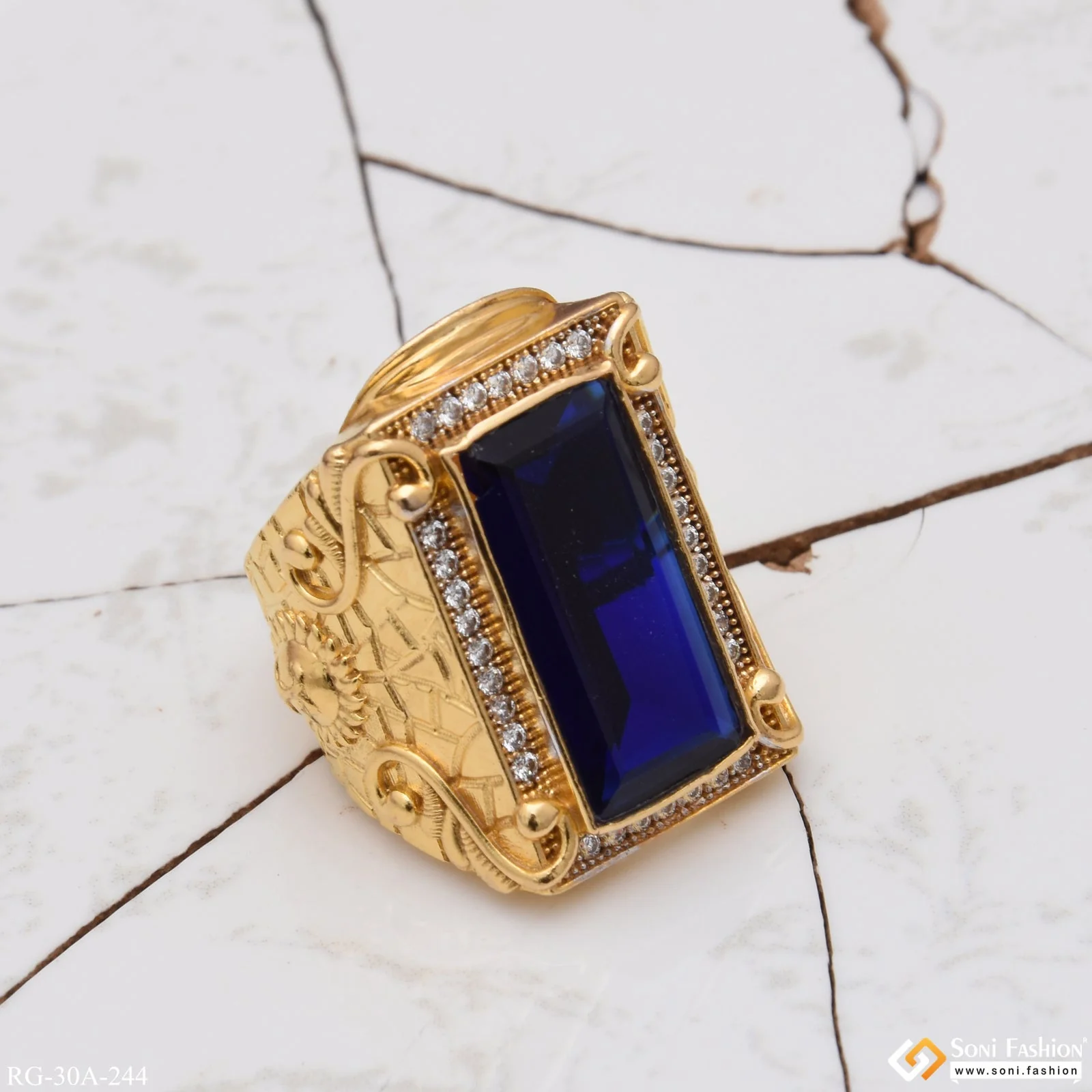 1 Gram Gold Plated Blue Stone With Diamond Best Quality Ring For Men - Style A244 - Image 3
