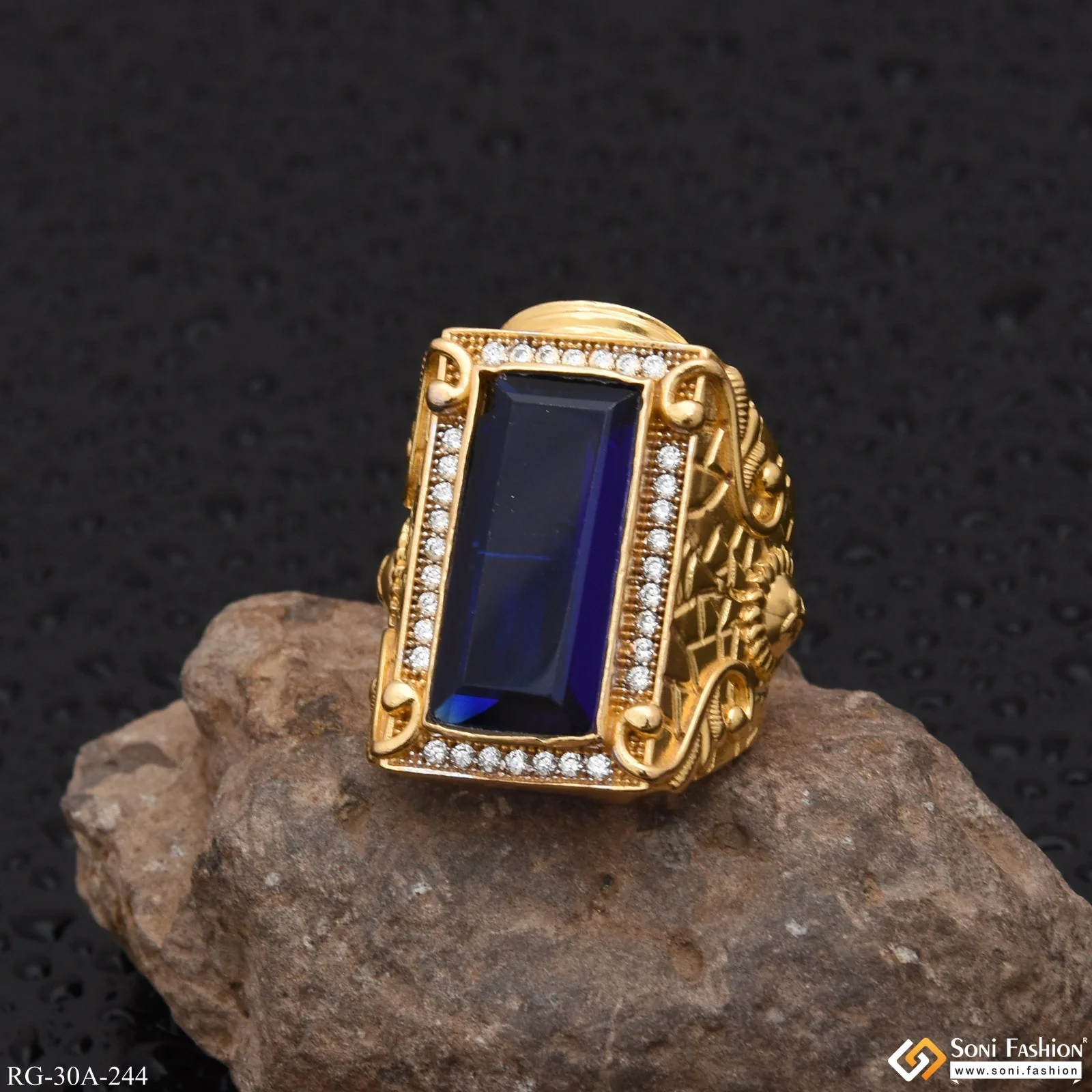 1 Gram Gold Plated Blue Stone With Diamond Best Quality Ring For Men - Style A244 - Image 4