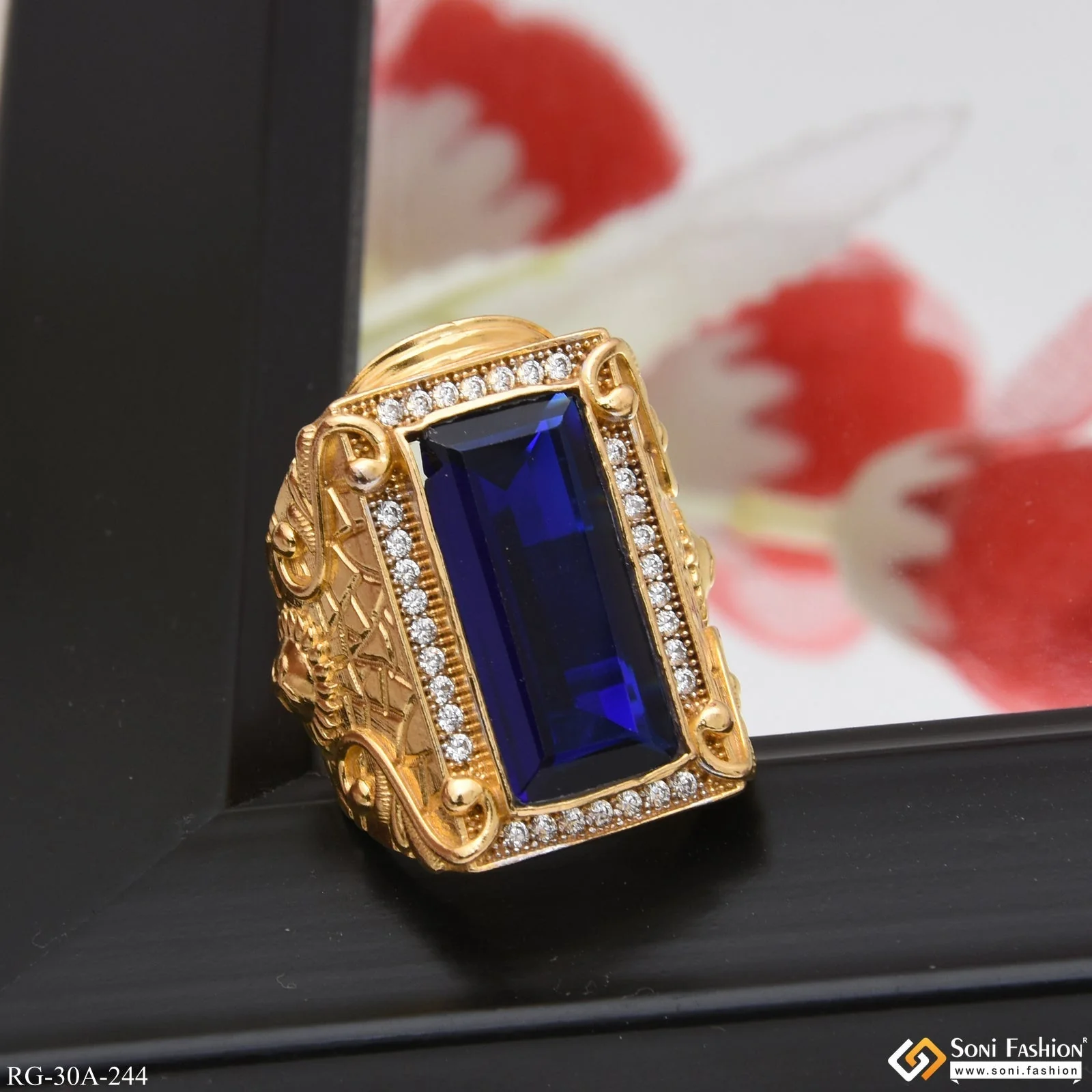1 Gram Gold Plated Blue Stone With Diamond Best Quality Ring For Men - Style A244 - Image 5
