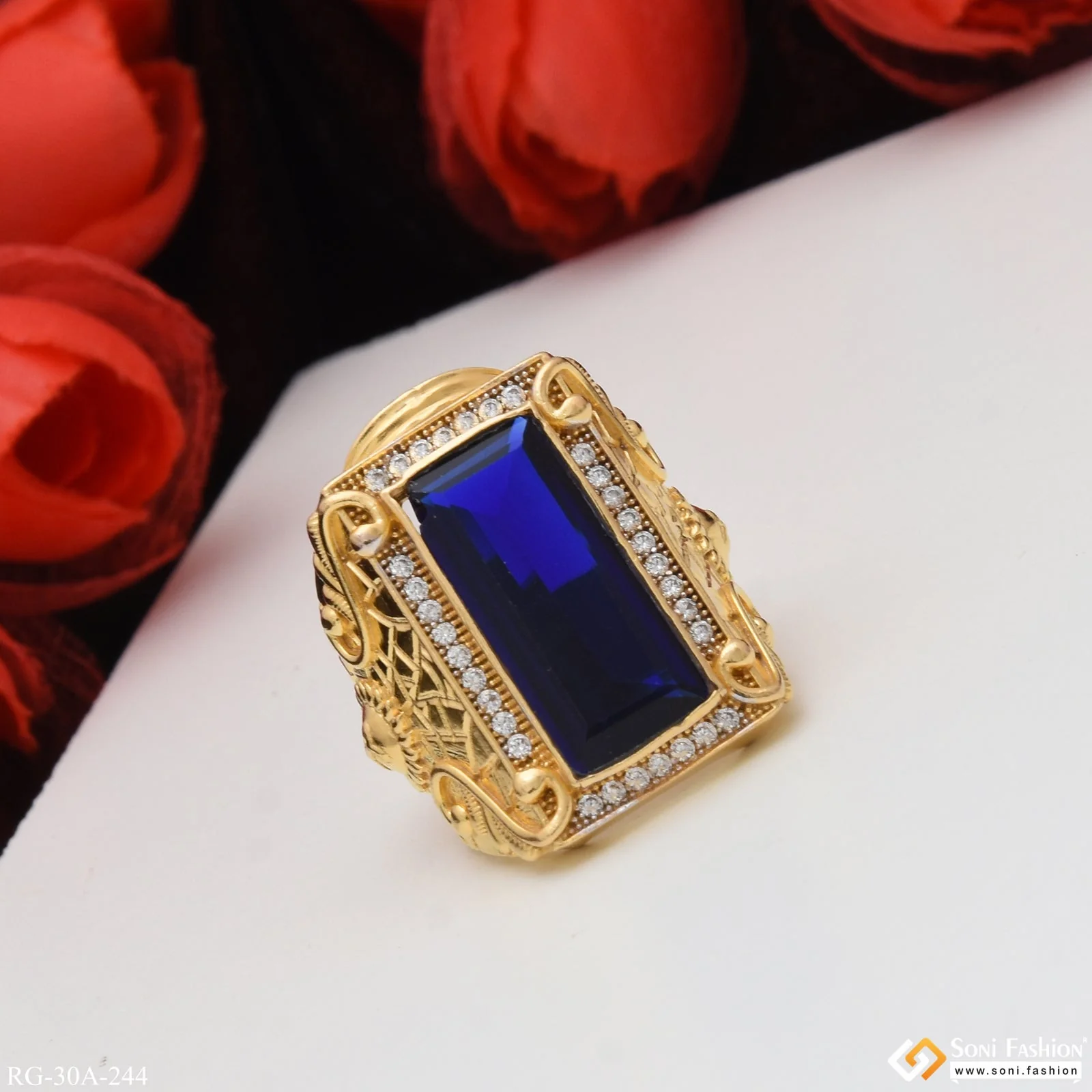 1 Gram Gold Plated Blue Stone With Diamond Best Quality Ring For Men - Style A244 - Image 6
