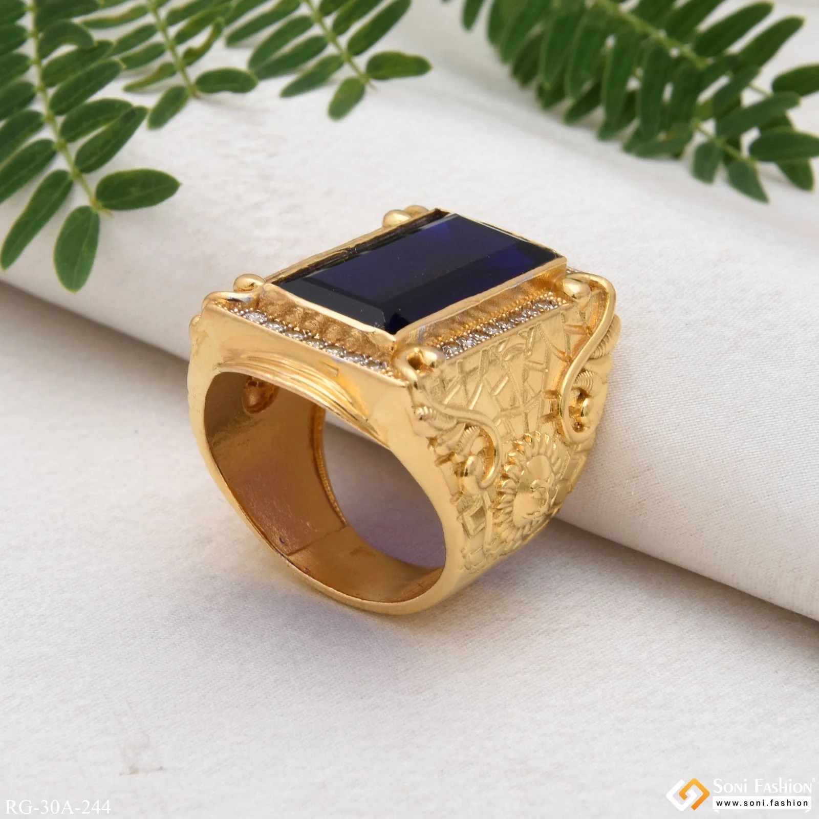 1 Gram Gold Plated Blue Stone With Diamond Best Quality Ring For Men - Style A244 - Image 7