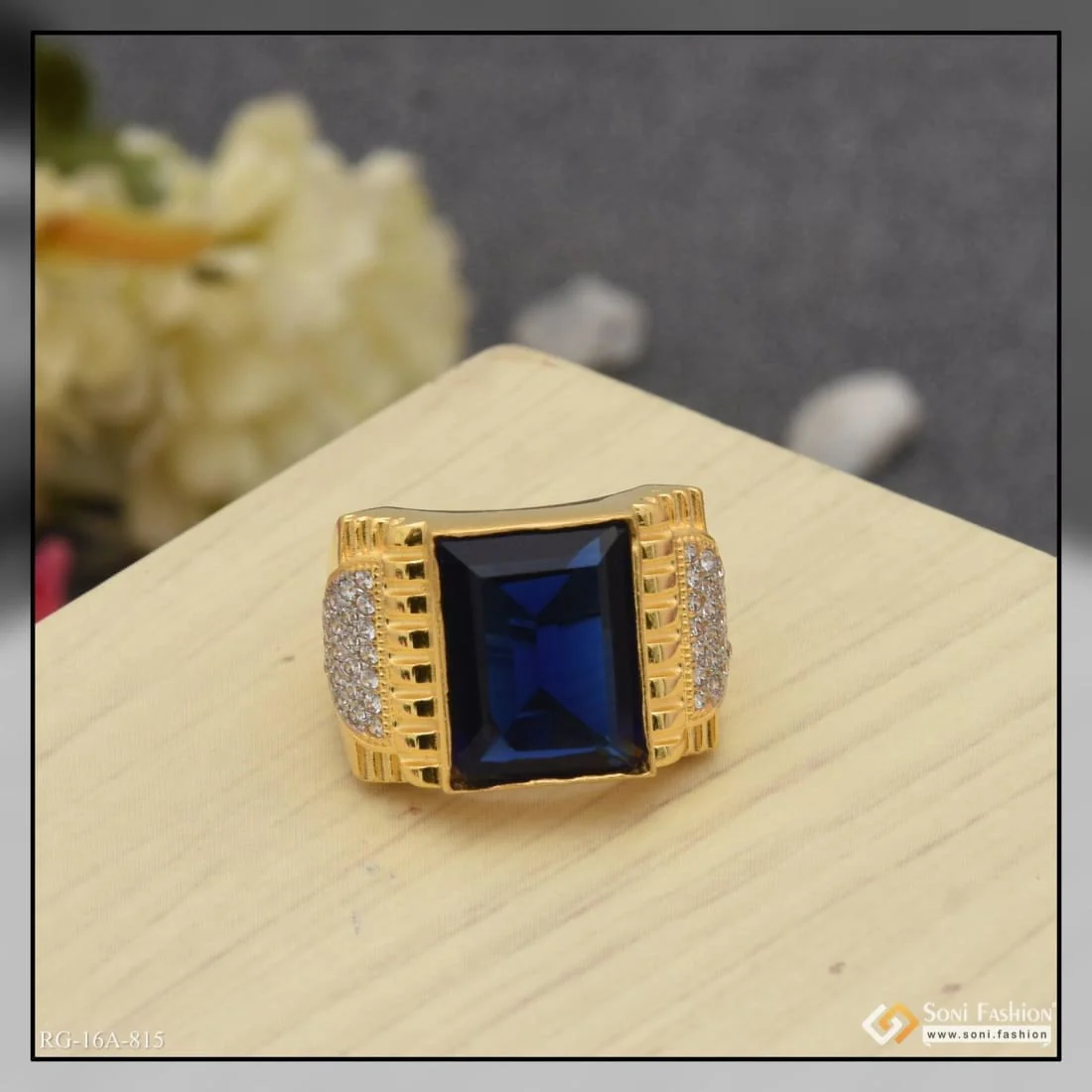 1 Gram Gold Plated Blue Stone with Diamond Best Quality Ring for Men - Style A815 - Image 3