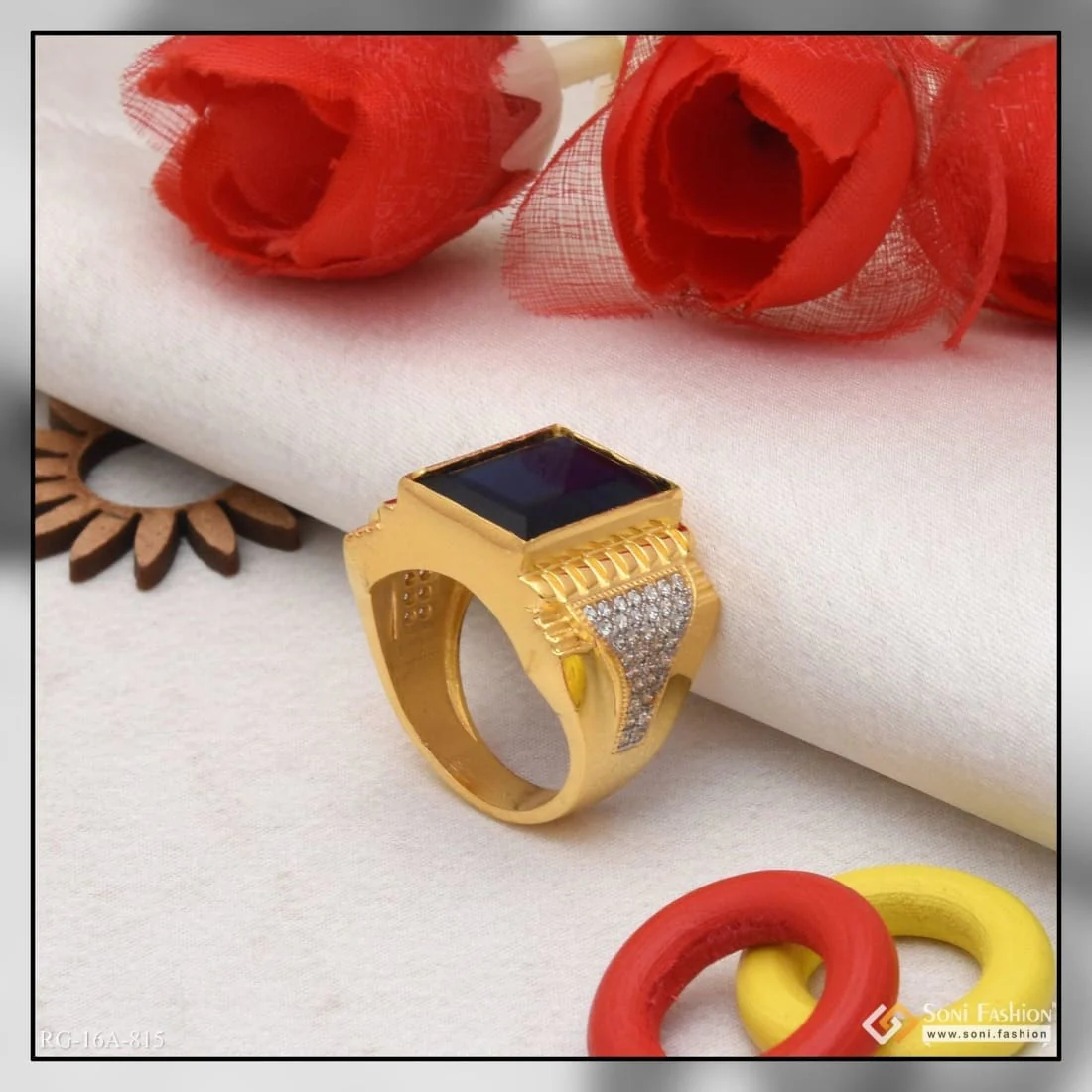 1 Gram Gold Plated Blue Stone with Diamond Best Quality Ring for Men - Style A815 - Image 4