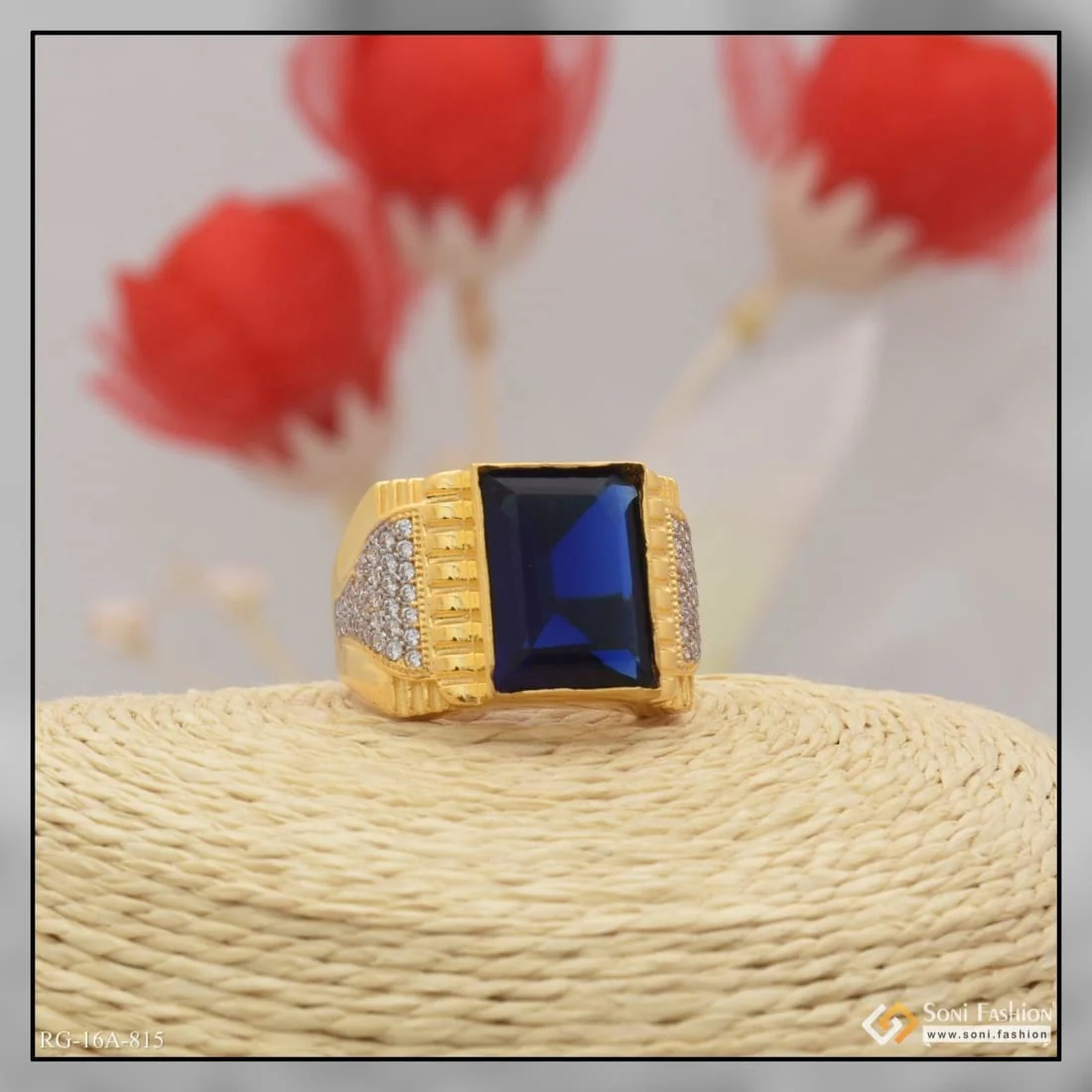 1 Gram Gold Plated Blue Stone with Diamond Best Quality Ring for Men - Style A815 - Image 5