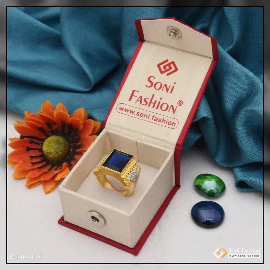 1 Gram Gold Plated Blue Stone with Diamond Best Quality Ring for Men - Style A815 - Image 6