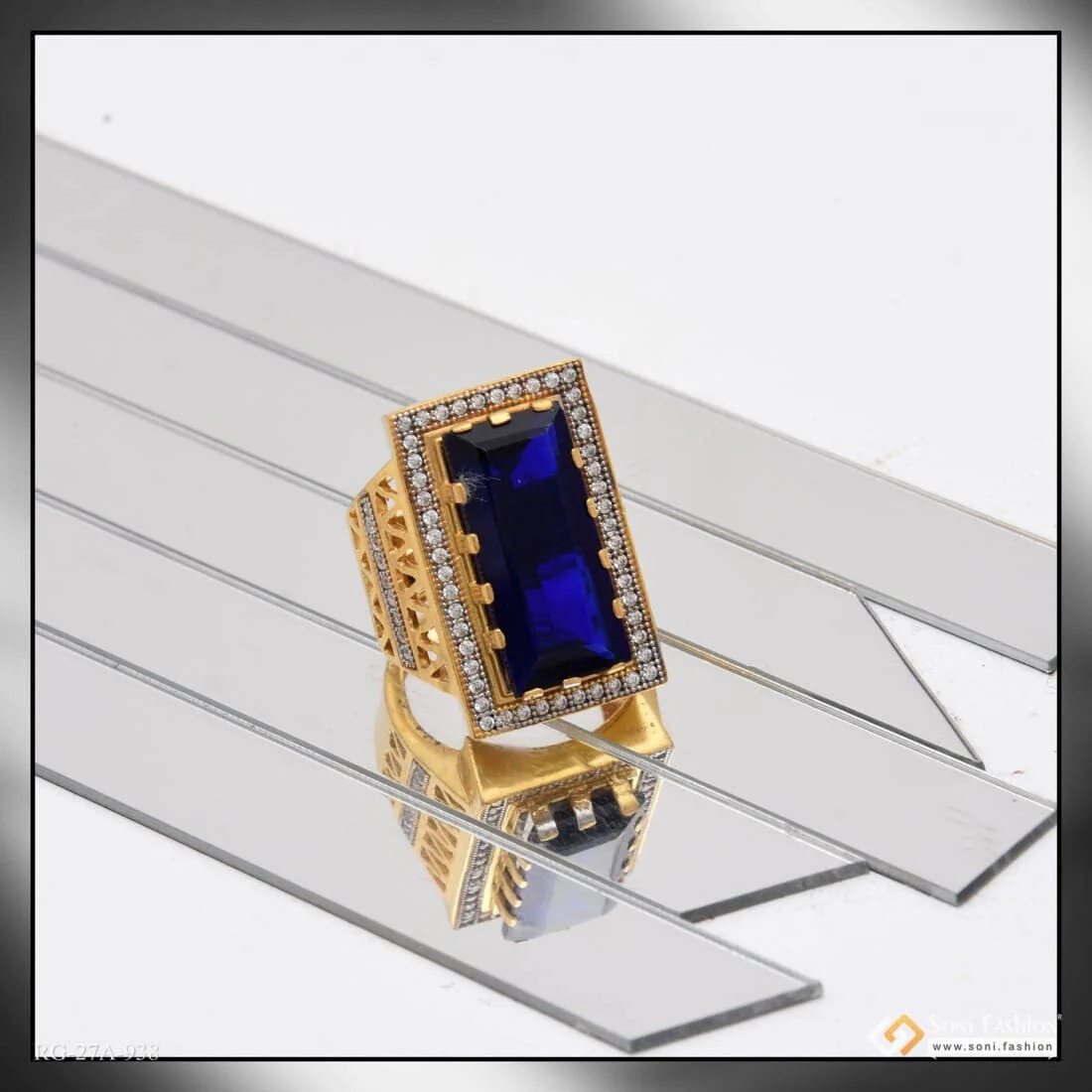 1 Gram Gold Plated Blue Stone With Diamond Best Quality Ring For Men - Style A938 - Image 5