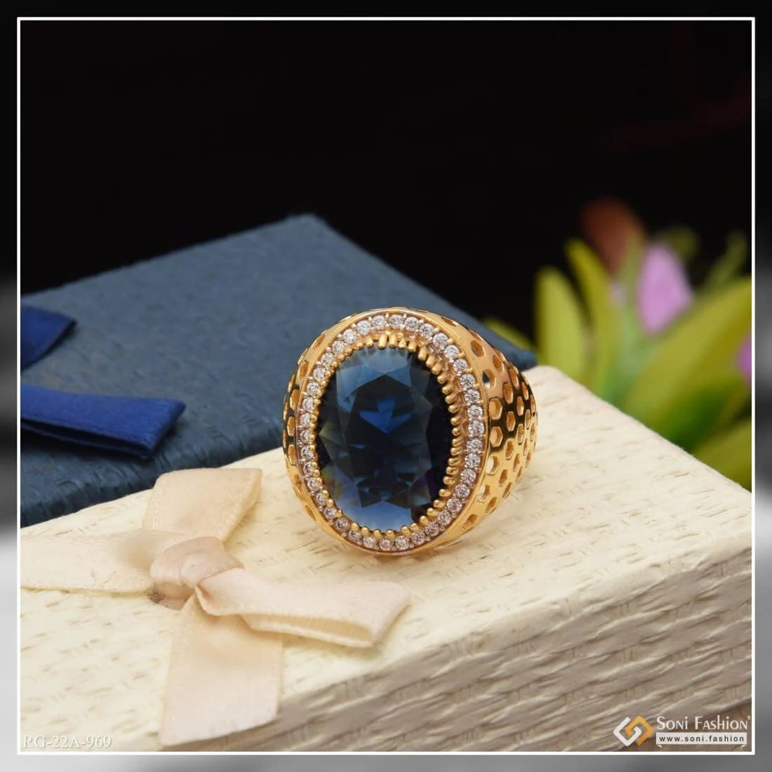 1 Gram Gold Plated Blue Stone With Diamond Best Quality Ring For Men - Style A969 - Image 3