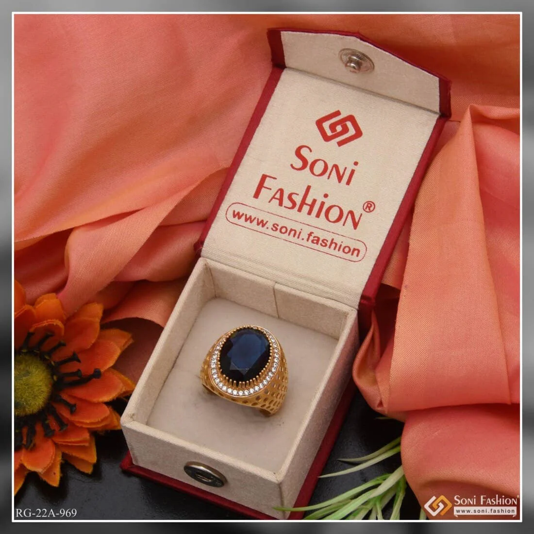 1 Gram Gold Plated Blue Stone With Diamond Best Quality Ring For Men - Style A969 - Image 4