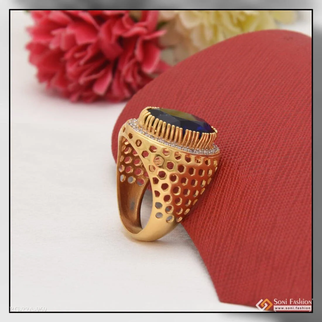 1 Gram Gold Plated Blue Stone With Diamond Best Quality Ring For Men - Style A969 - Image 5