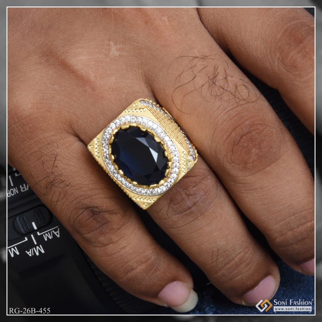 1 Gram Gold Plated Blue Stone with Diamond Best Quality Ring for Men - Style B455