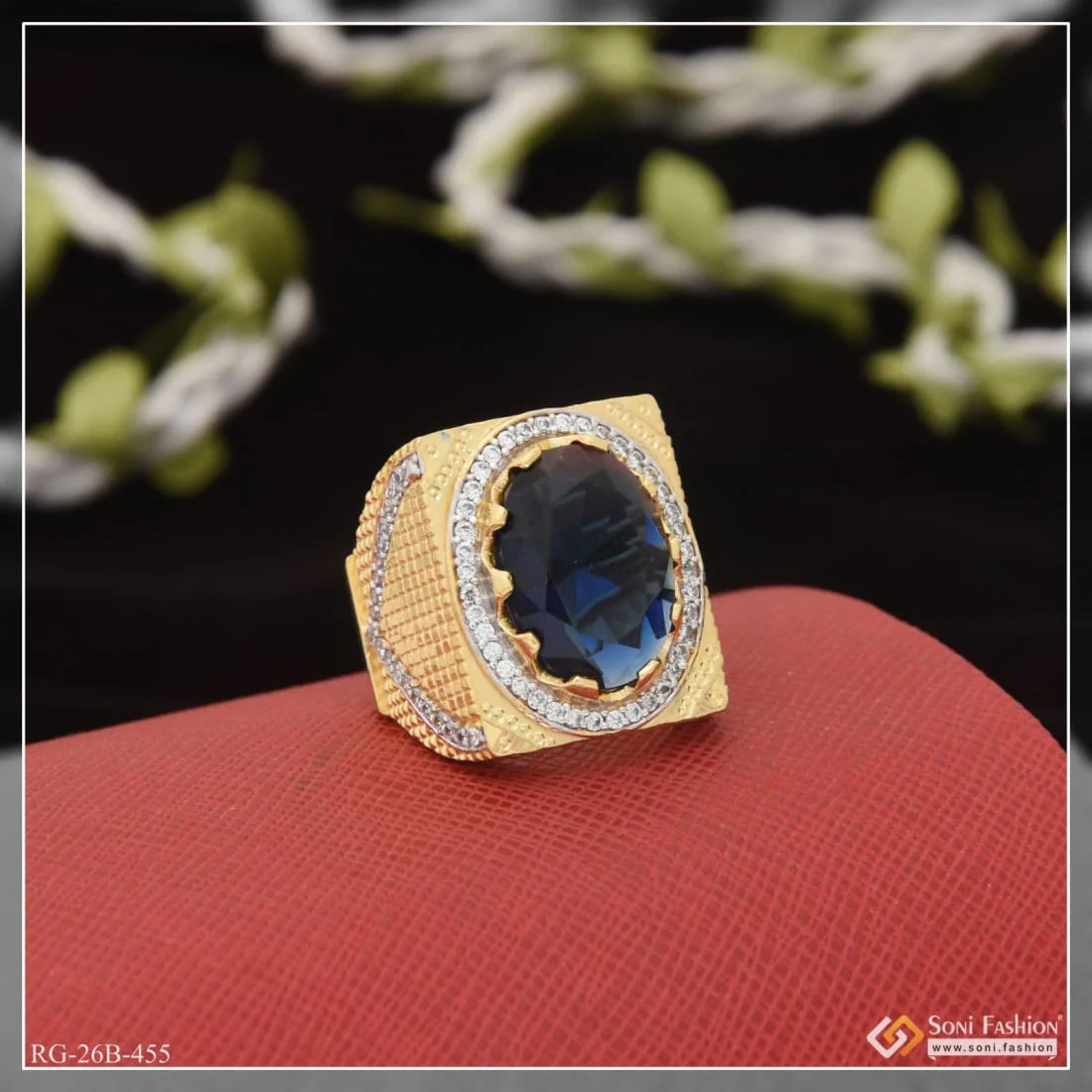 1 Gram Gold Plated Blue Stone with Diamond Best Quality Ring for Men - Style B455 - Image 2